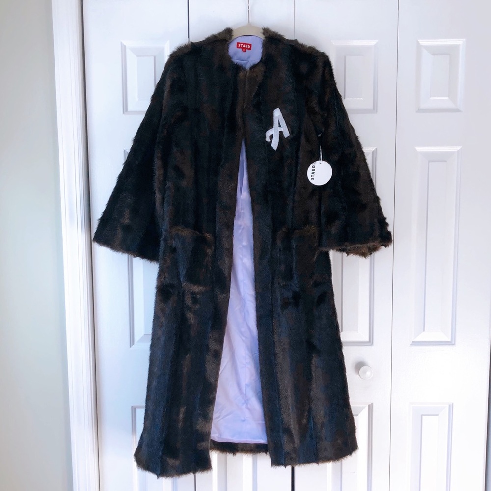 STAUD Faux Fur Coat with A Monogram